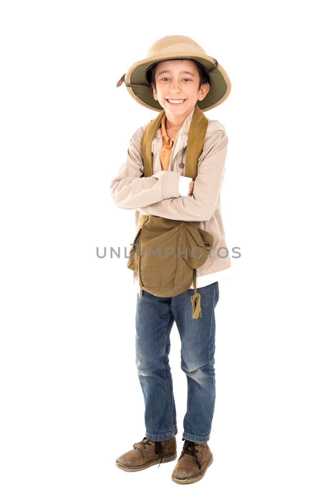 Young boy playing Safari isolated in white