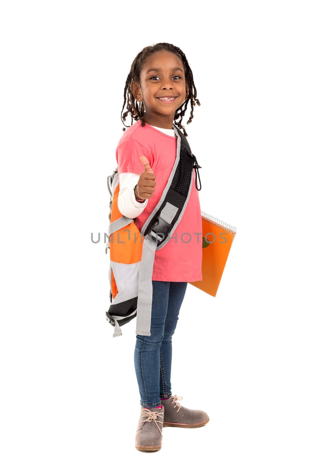 Young girl student posing isolated in white