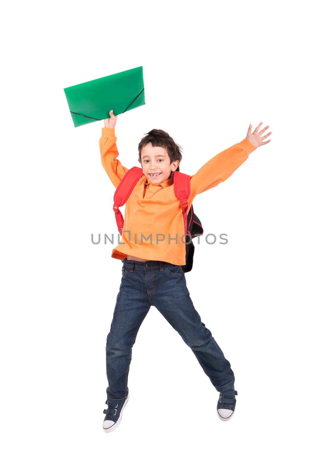 Young boy student jumping isolated in white