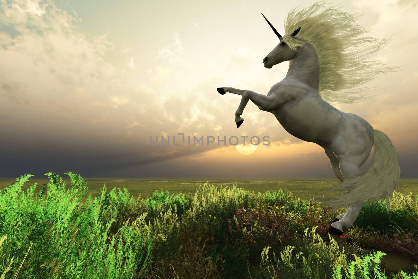 A beautiful white Unicorn Stag rears up showing strength and power.