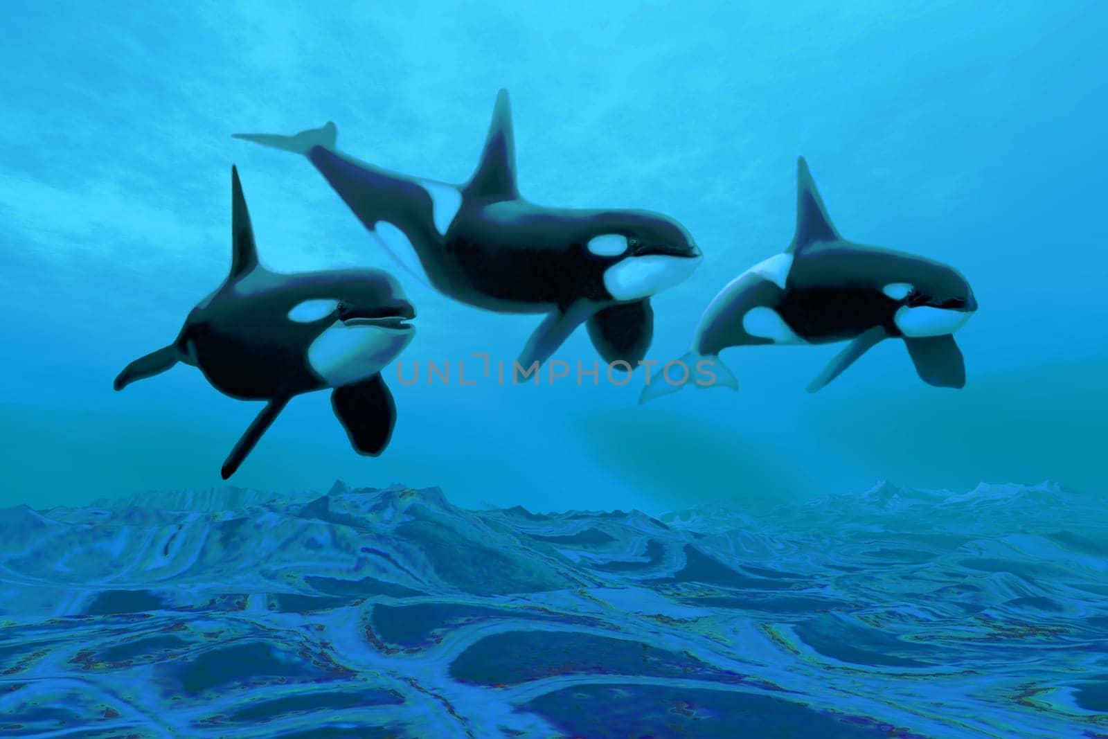 Three Killer whales swim over an ancient fossil bed looking for fish prey.