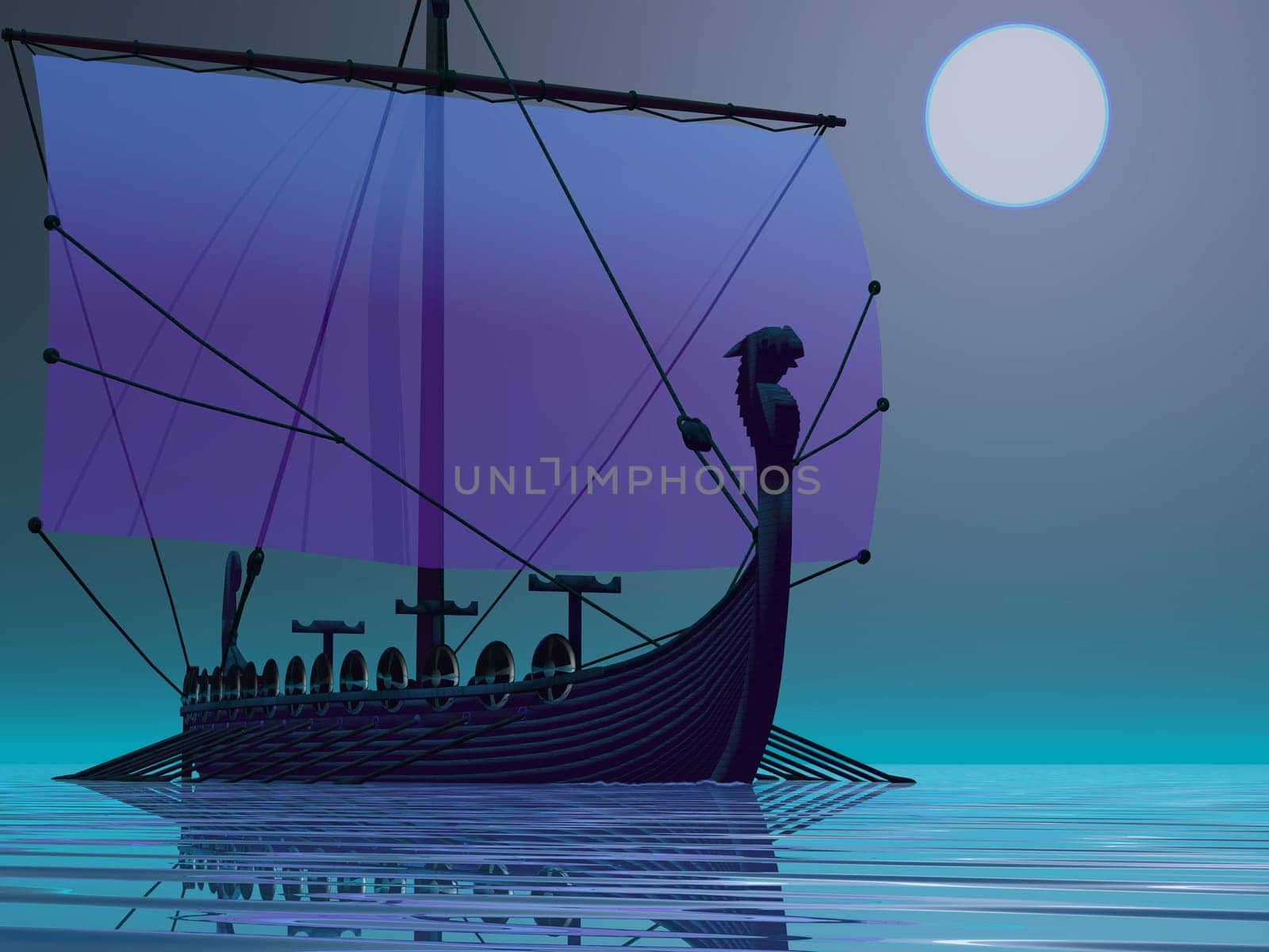 A Viking boat sails during the night of a full moon on calm ocean waters.