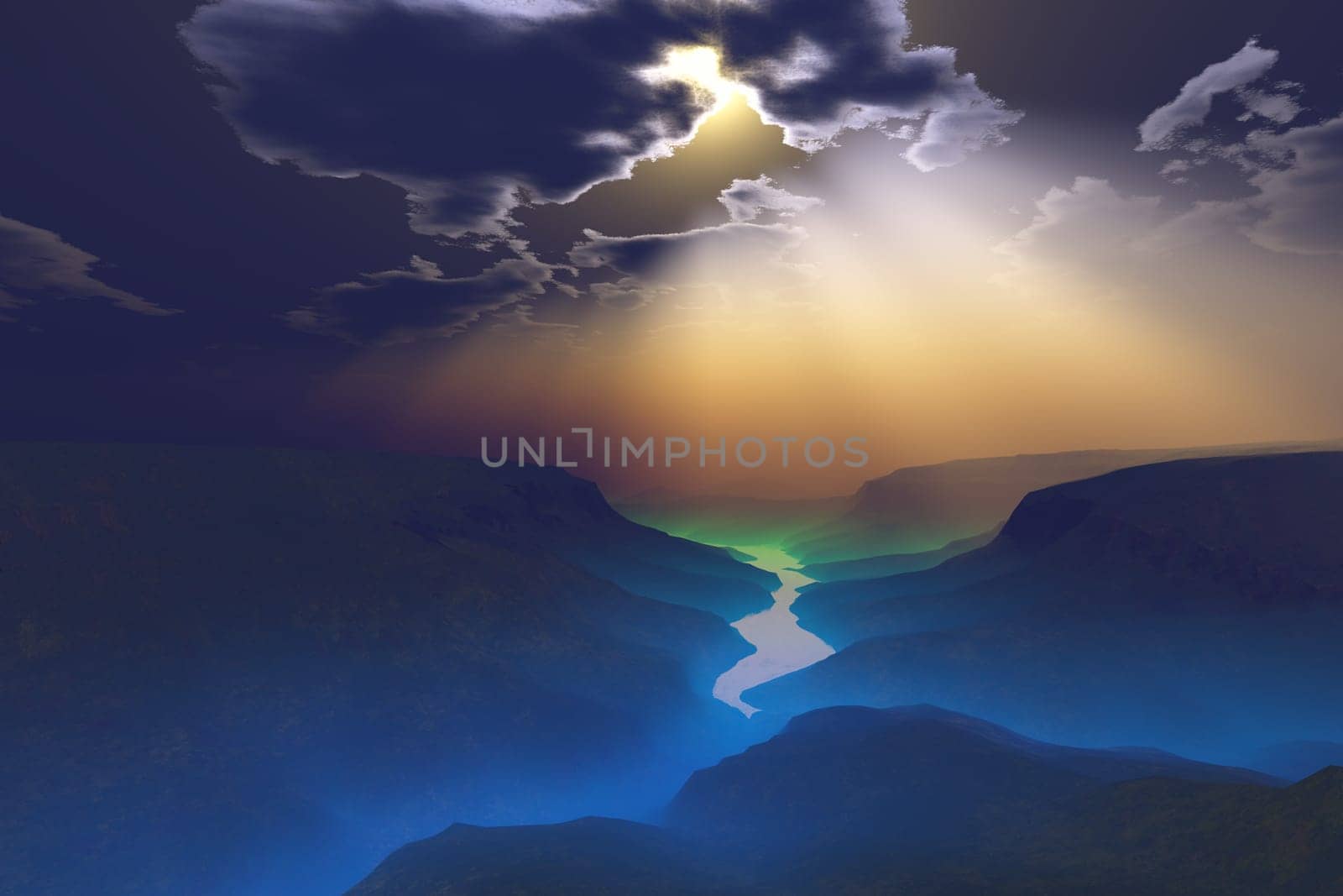 Sunbeams stream down on a valley river as it weaves its way through a mountain range.