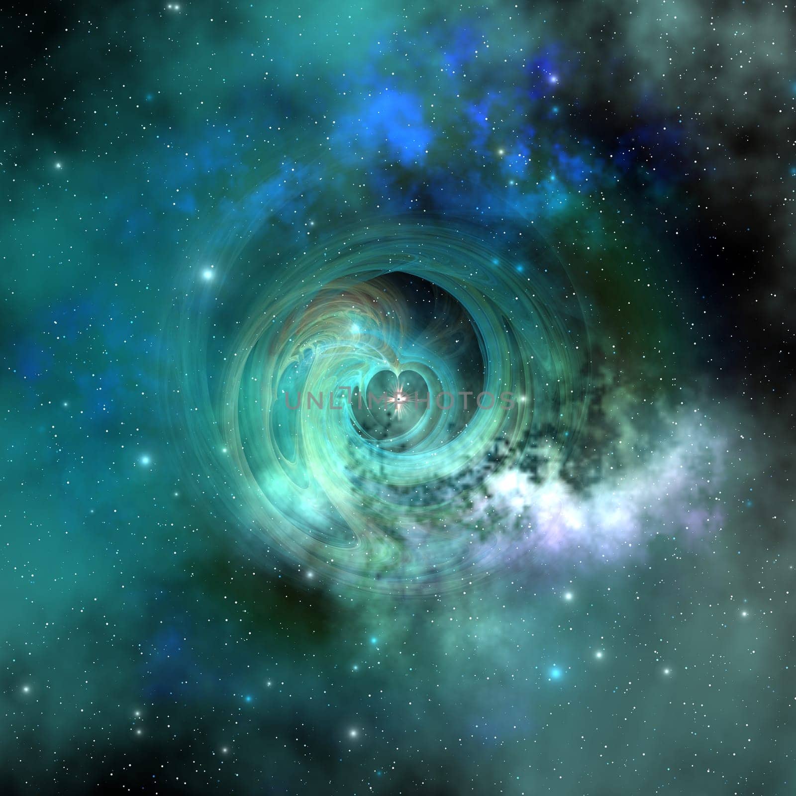 A gorgeous nebula out in space has many stars and a beautiful heart in its center.