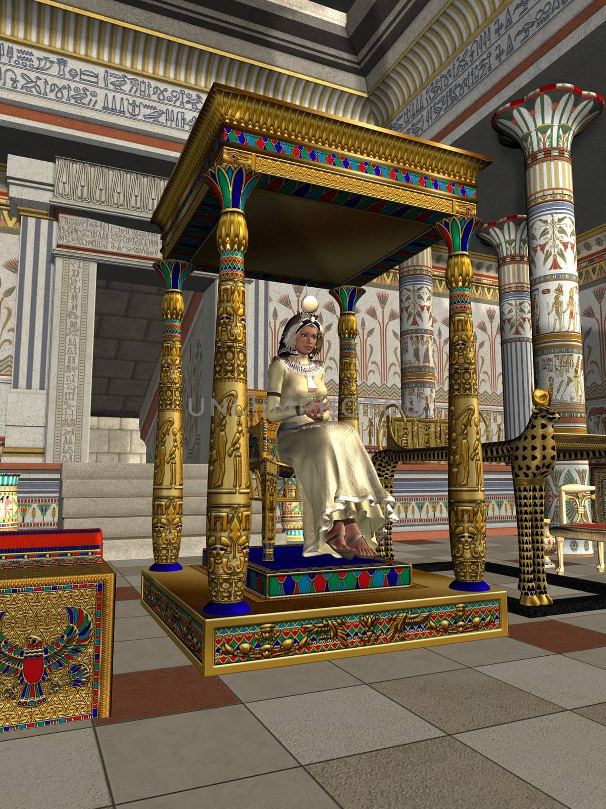 An Egyptian queen sits on her throne in an elaborate palace in the Old Kingdom.