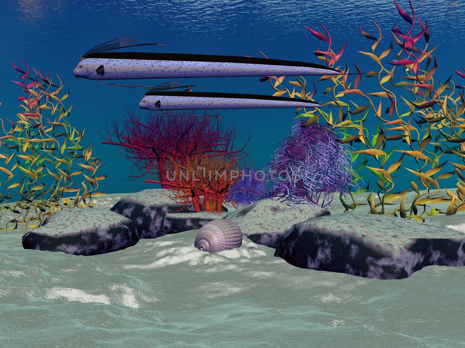 Two Oarfish swim along side each other over an ocean reef.