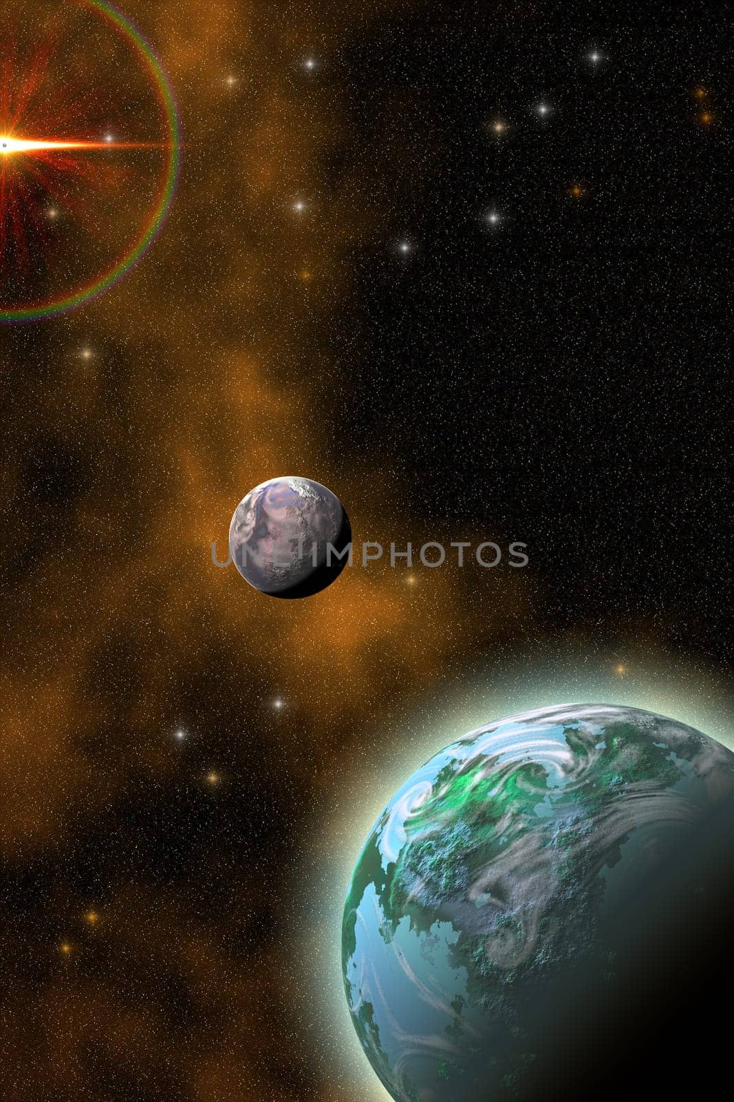 A hazy ring encircles a huge sun out in space near a planet and its orbiting moon..