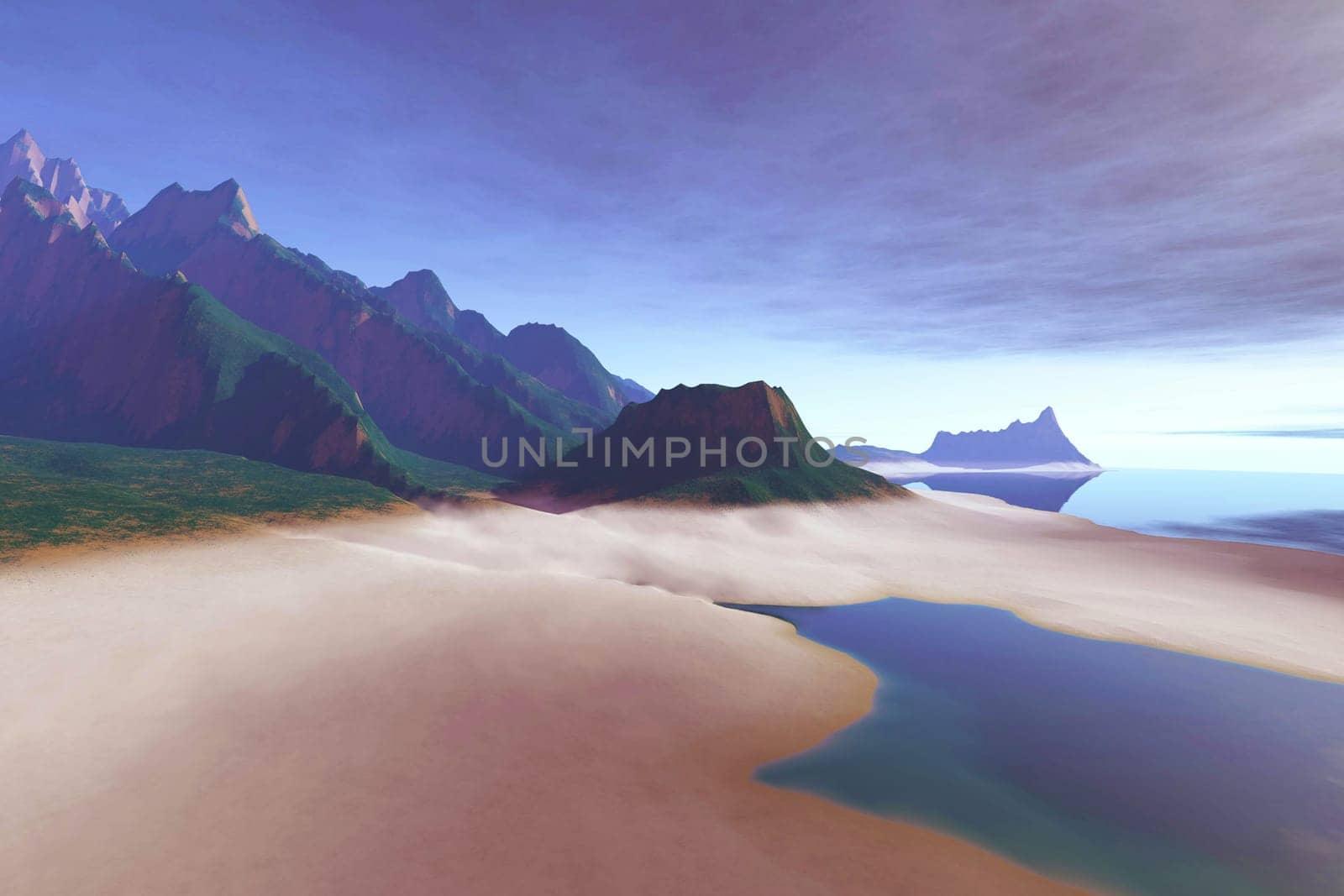 Steep mountains meet the sea on the coastline of this island.