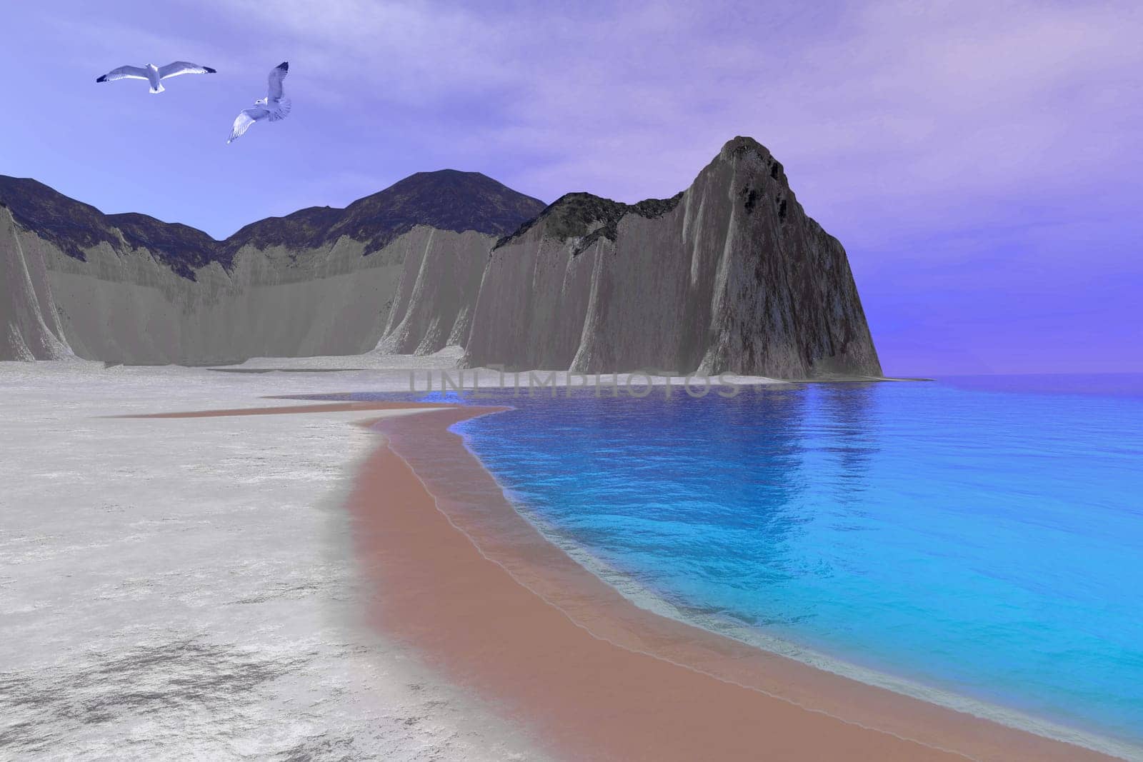 Two seagulls fly over a quiet beach with beautiful turquoise ocean waters.
