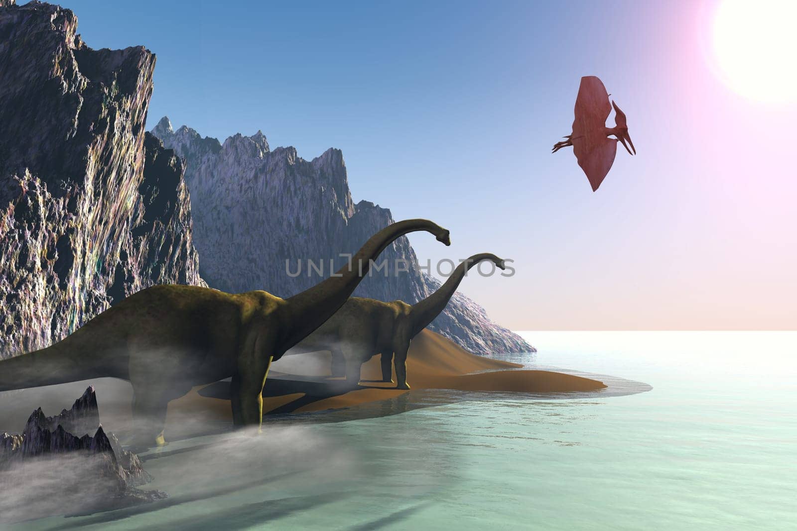 A Ptersaur flys over two Diplodocus dinosaurs on a misty morning.