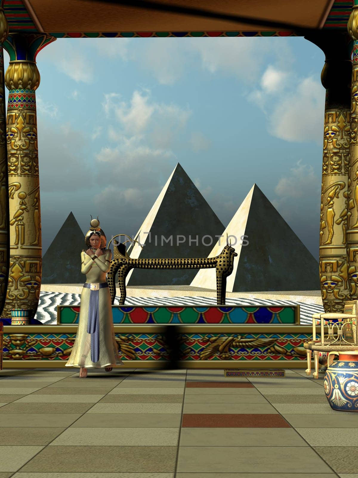 An Egyptian queen stands in front of three great pyramids in ancient Egypt.