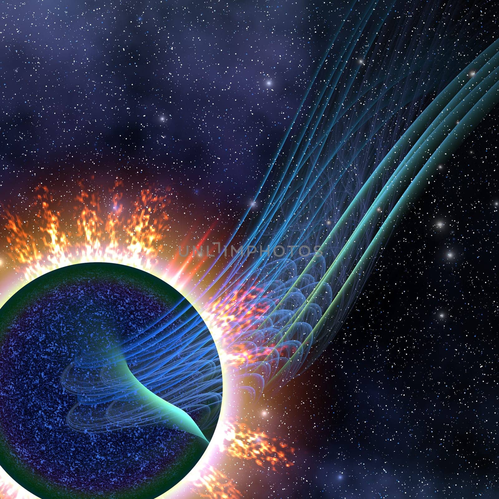 Rays of power emissions flare out from a huge Neutron Star.