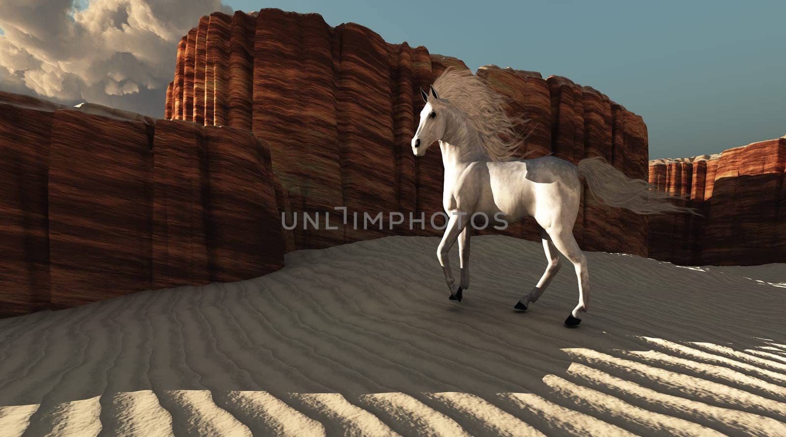 A white stallion runs through the sand of this desert canyon area.