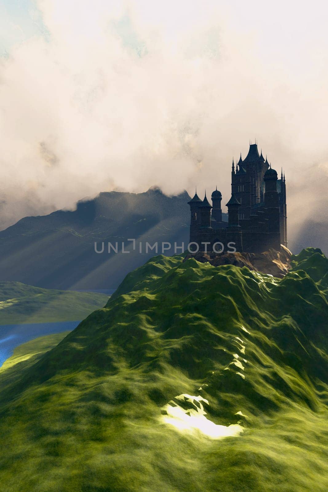 Sunrays shine down on castle among mountains and a river valley.