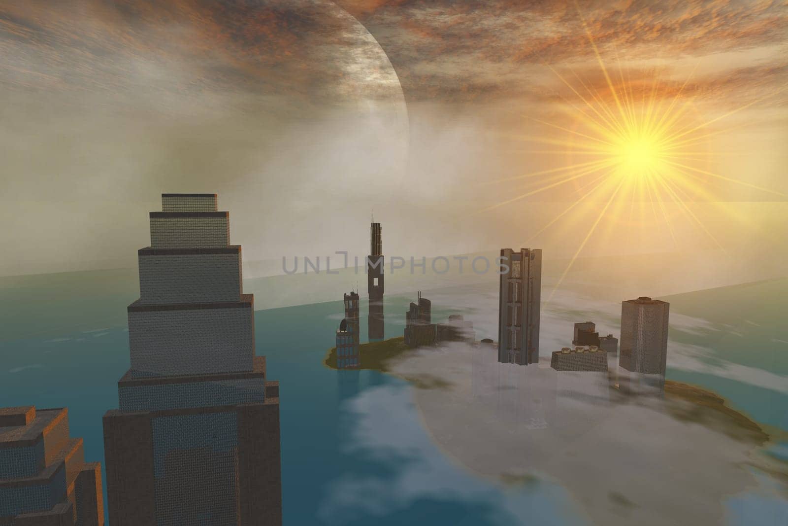 Skyscrapers rise in an urban city situated by an ocean harbor on a far off planet.