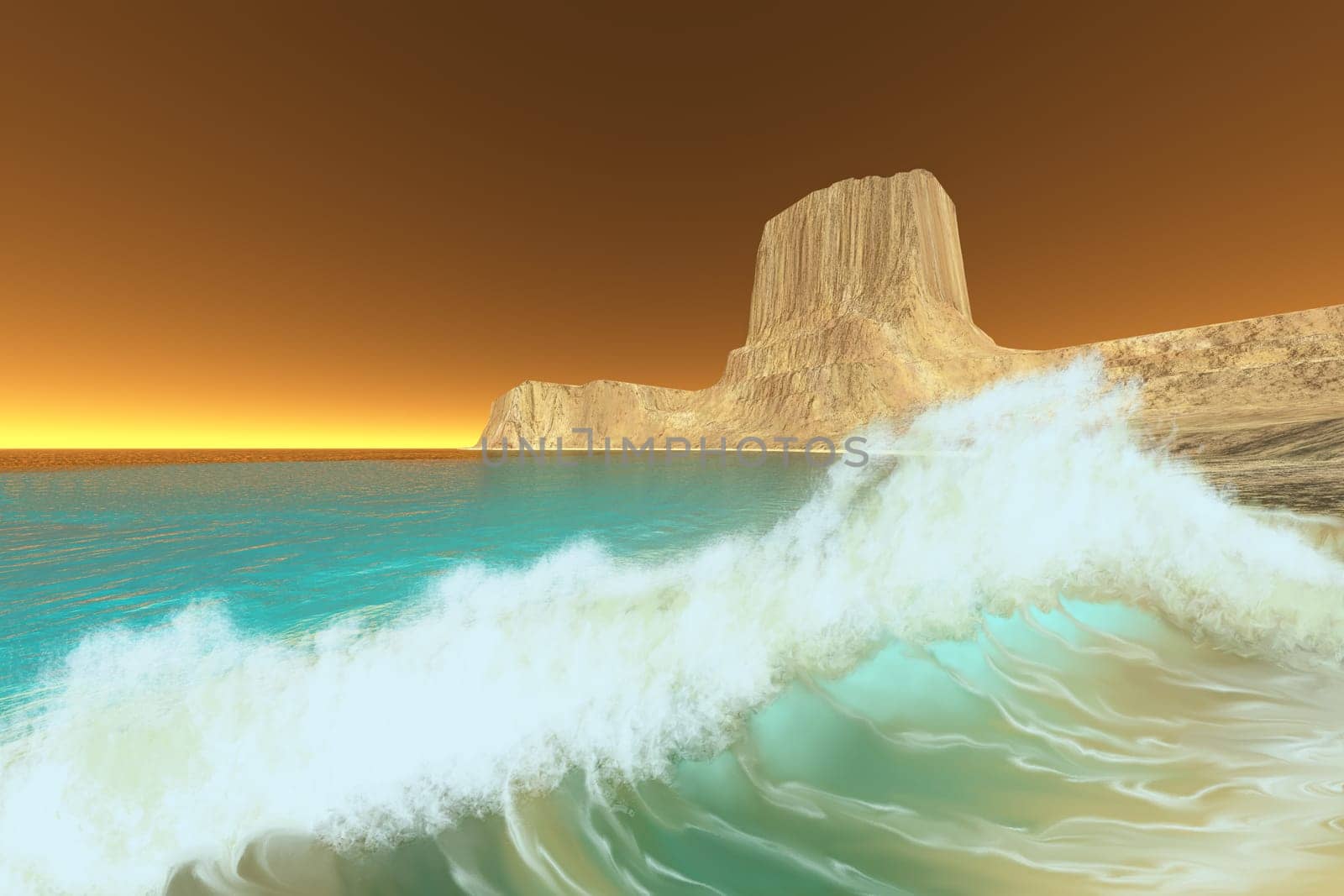 A golden dawn breaks over a seashore and coastal mountain.