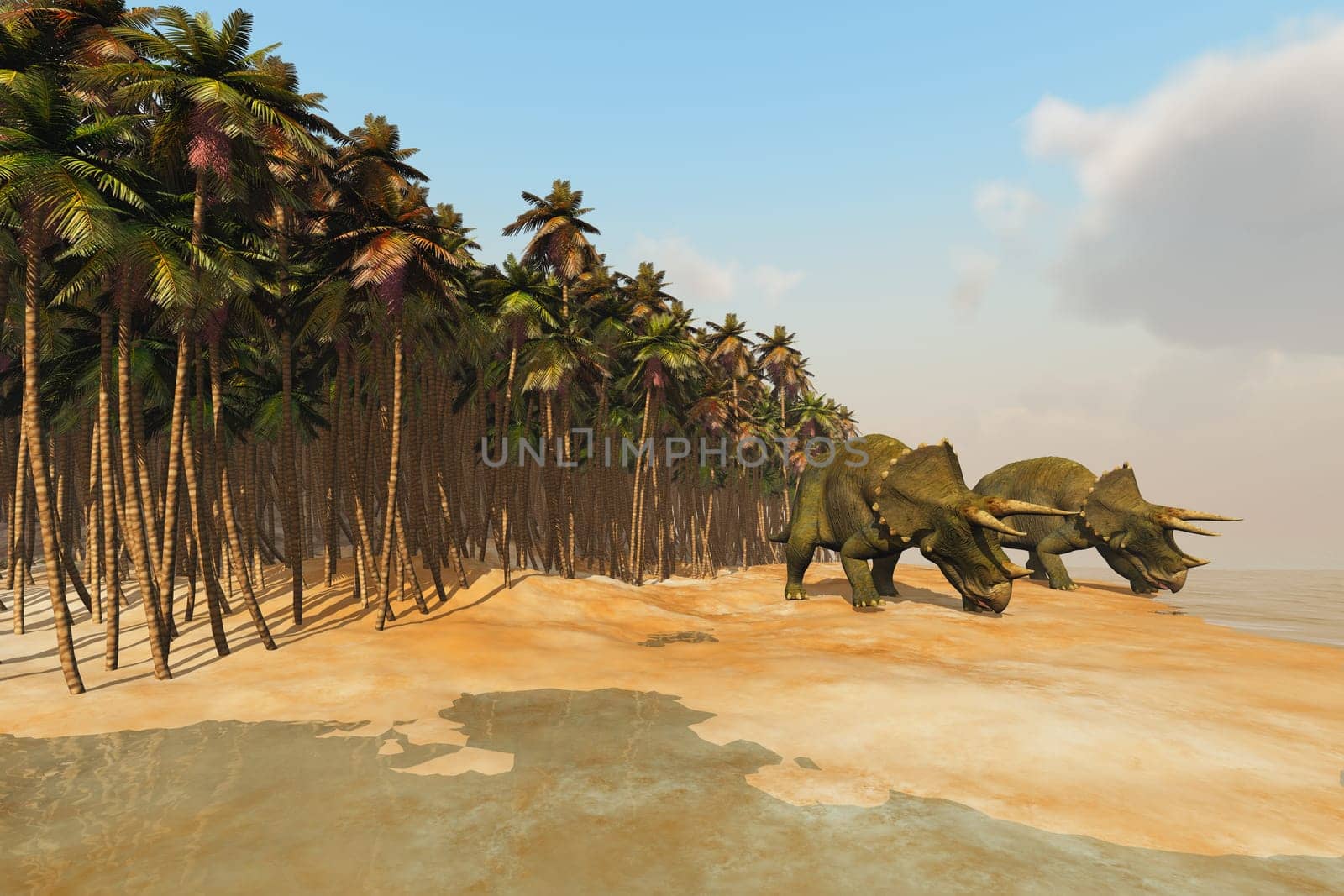 Two Triceratops dinosaurs come down to a lake for a drink of water.