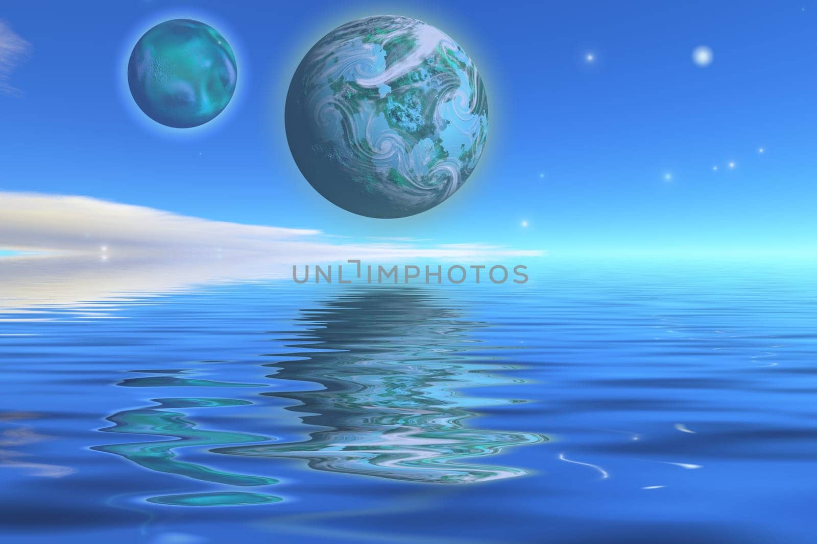A nearby planet and its moon are reflected in the waters of this alien planet.