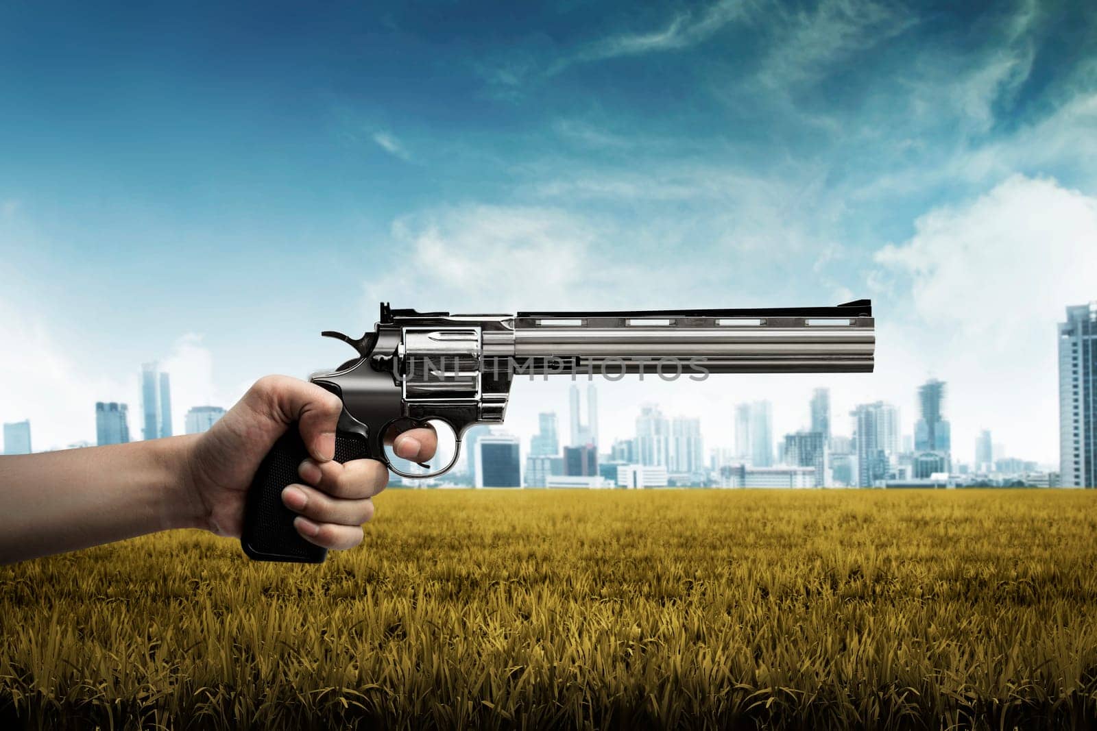 Man hand holding gun, aiming to the green grass