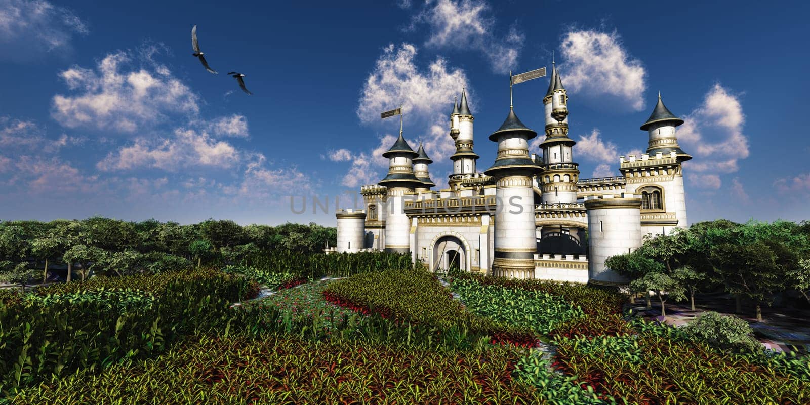 Two Eagles fly over a castle surrounded by a lush garden and trees.