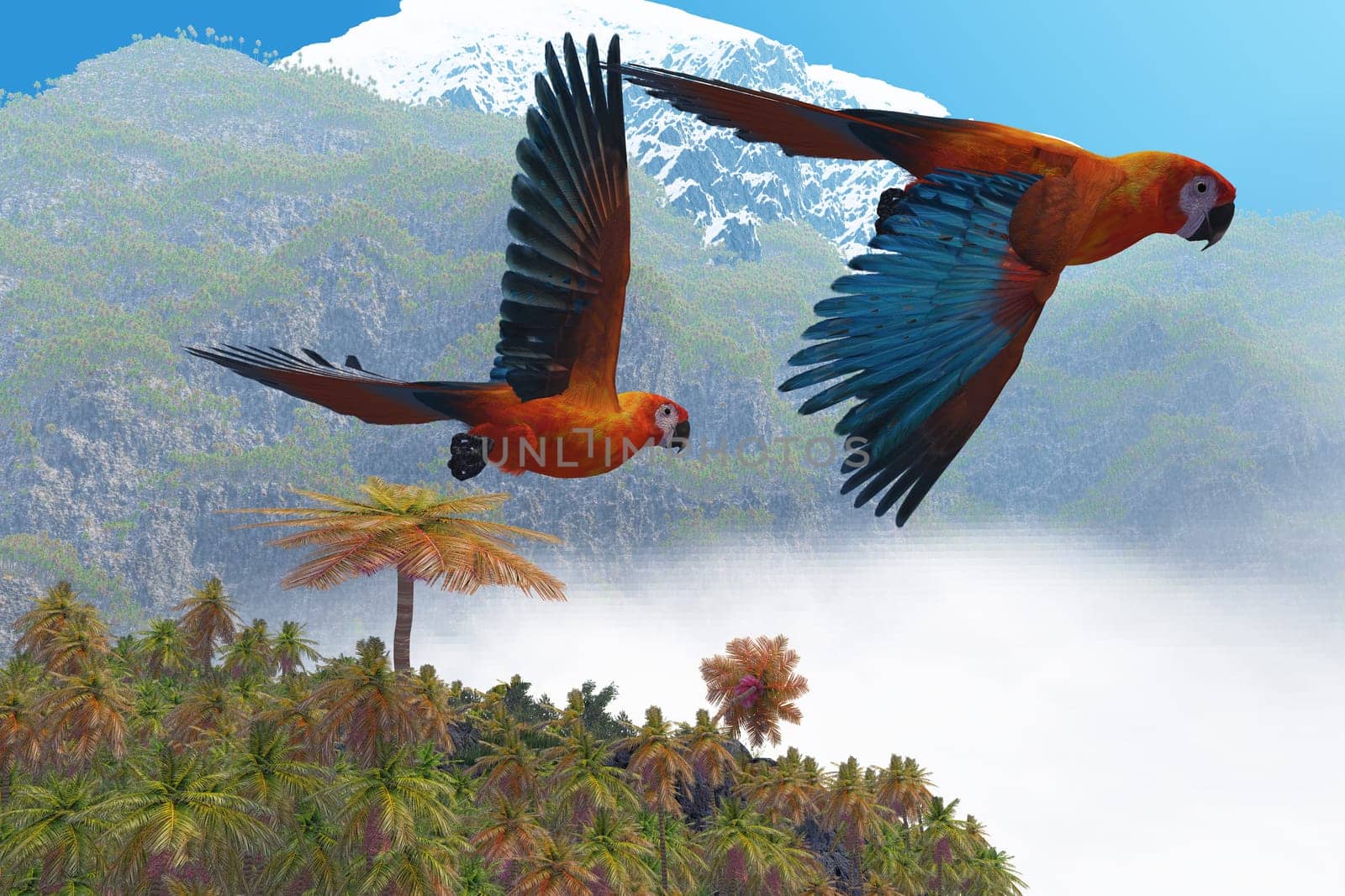Beautiful colorful parrots called the Cuban Red Macaw fly over jungle trees.