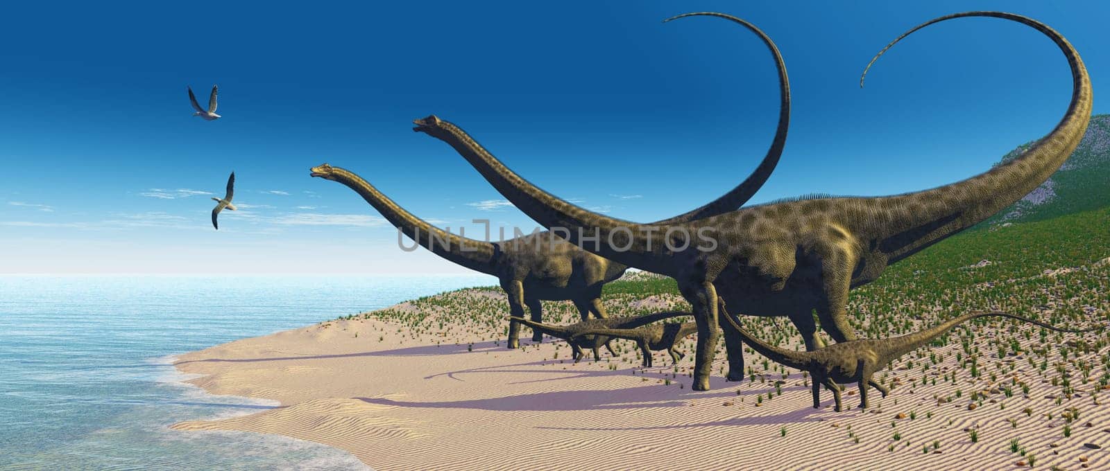 A diplodocus dinosaur herd comes down to a lake for a drink bringing their young with them.
