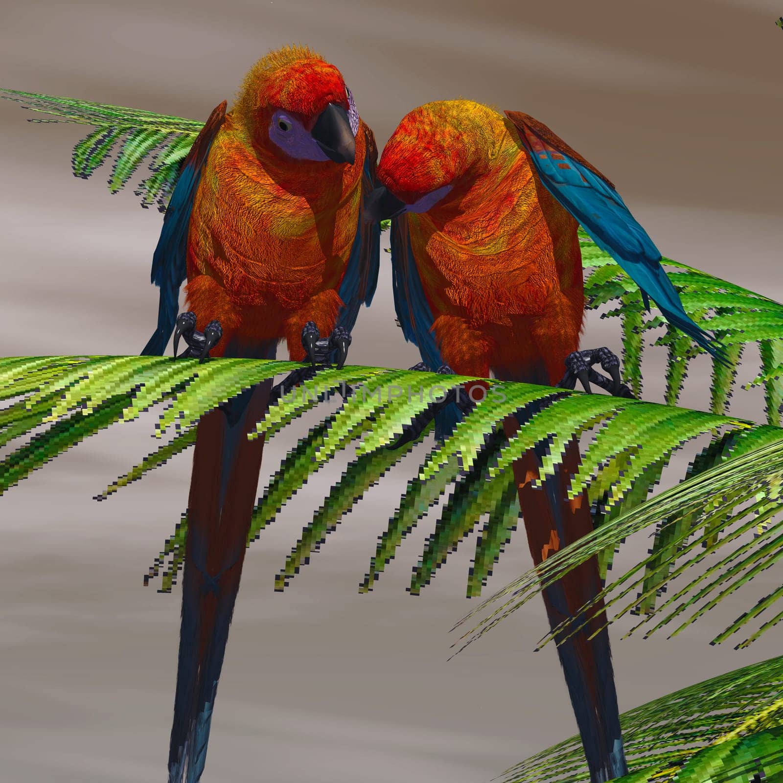 Two beautiful parrots sit side by side in a tropical jungle.