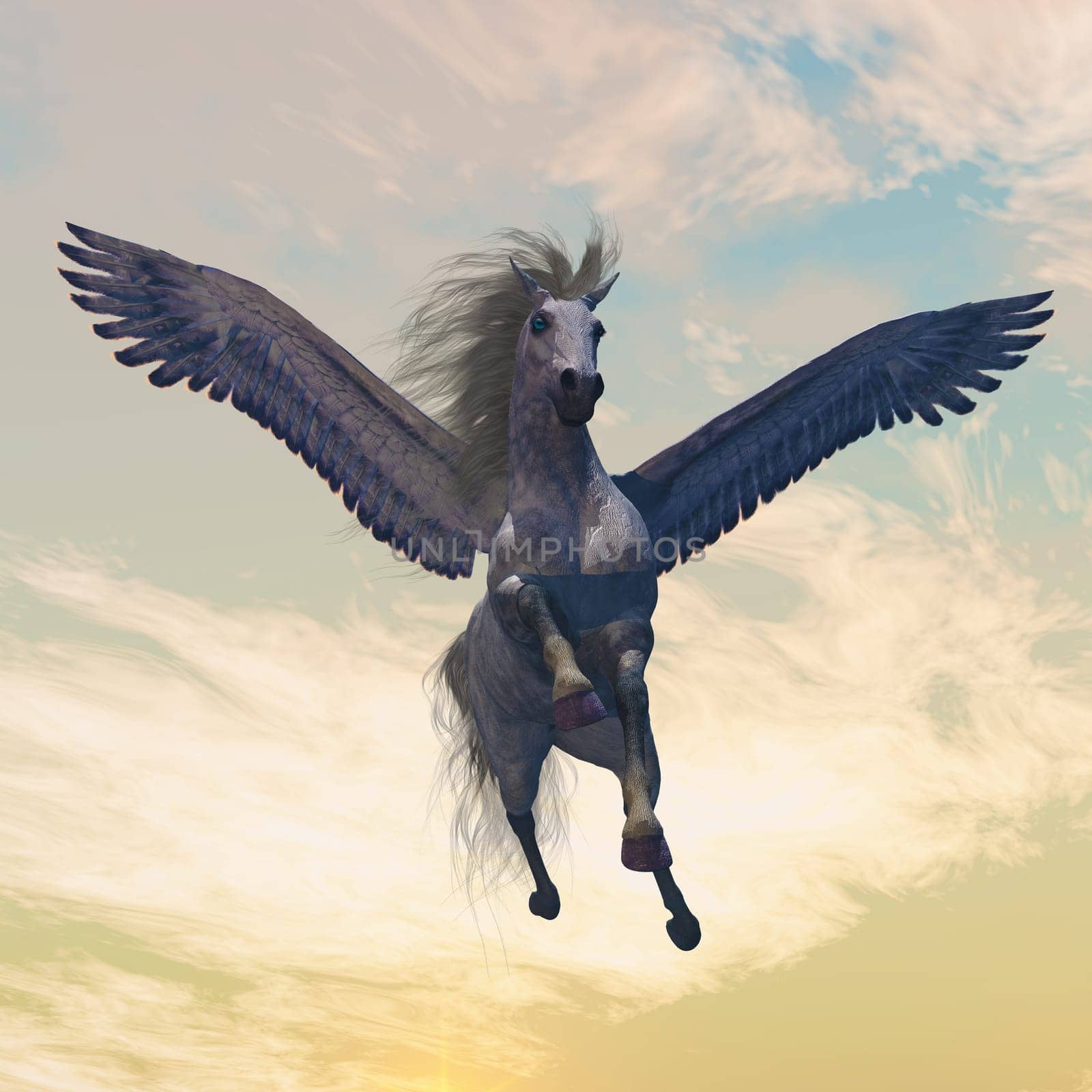 The sky fills with the wonderment of a Pegasus stallion in flight.