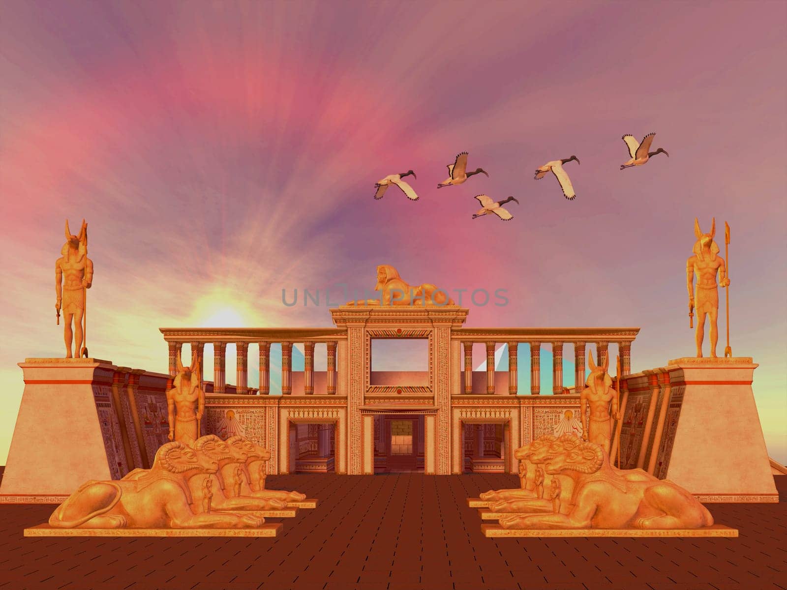 An Egyptian temple is flanked by statues of the god called Horus, Khnum and a statue of the Sphinx.