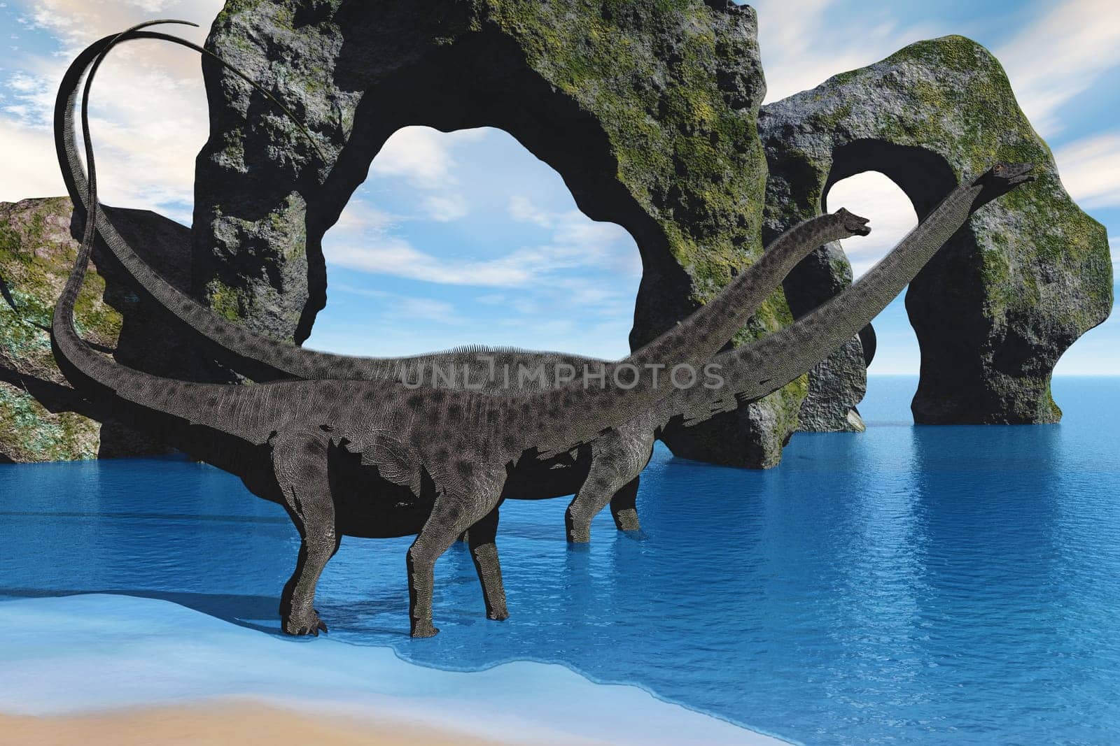 Two Diplodocus dinosaurs wade in shallow waters along a coastline.