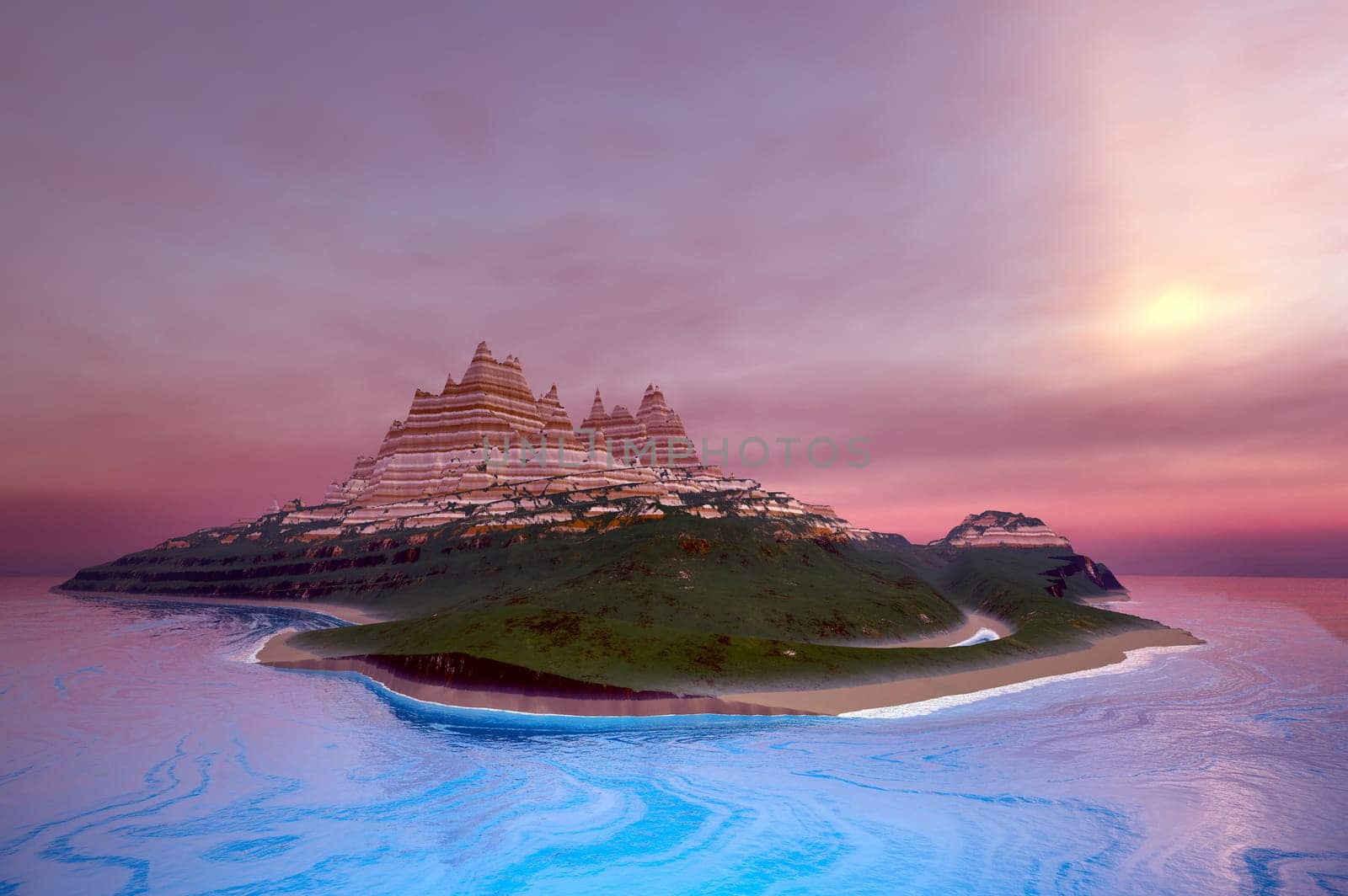 A mystery island in the ocean glows in pink colors during a sunset.
