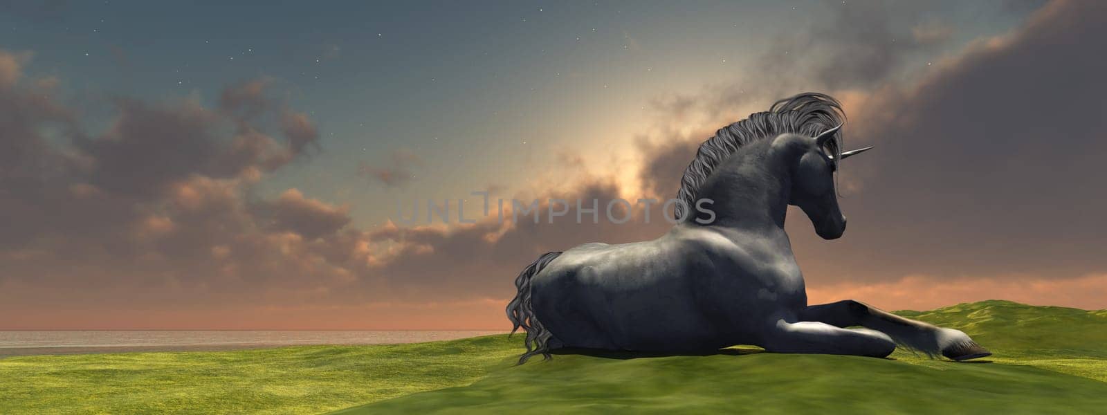 A white unicorn sleeps under a night sky full of stars.
