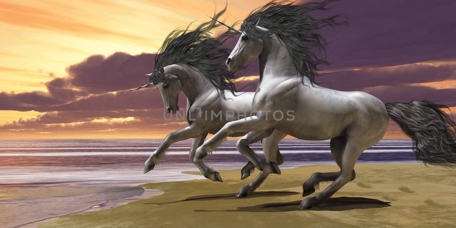 Two white unicorns run and frolic on the beach at sunset.