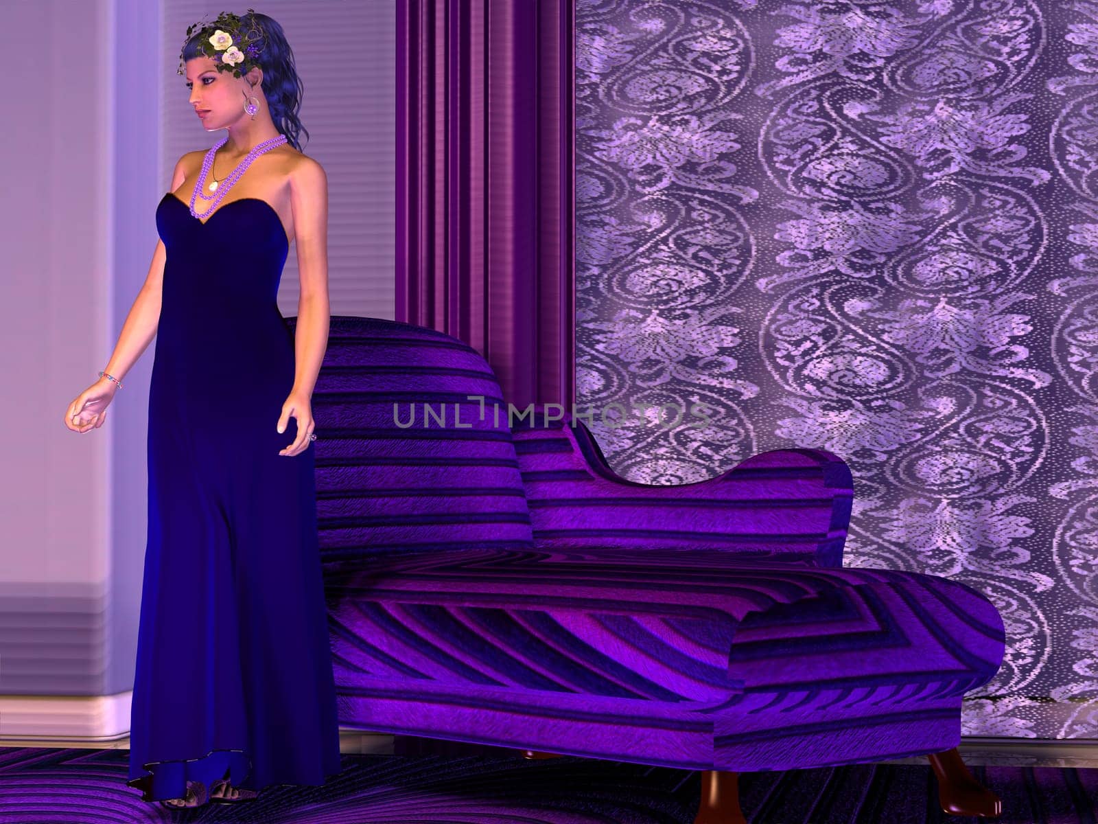 A lady in a blue velvet gown makes a striking figure in a room filled with violet decor.