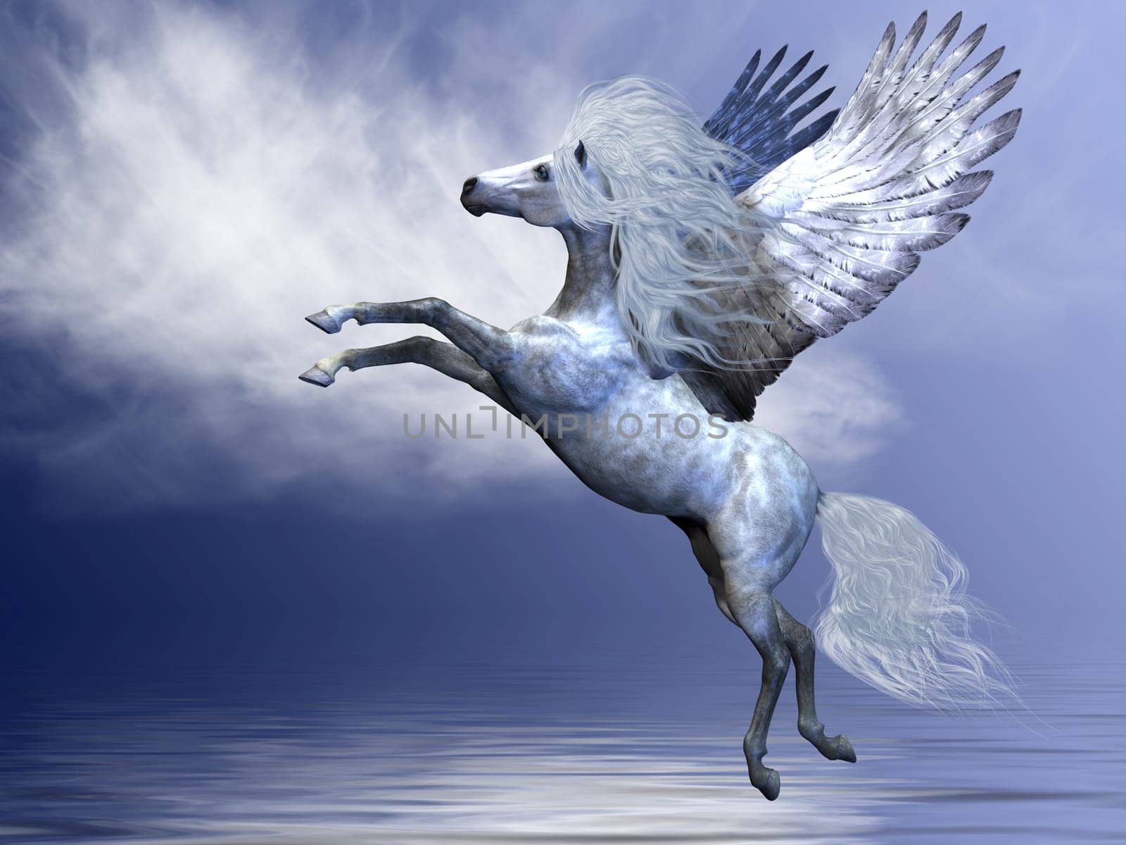 Stormy rain clouds move over the ocean as a white Pegasus stallion takes to flight on silver wings.