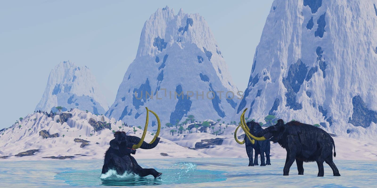 A Woolly Mammoth struggles to get out of the lake ice that he crashed through as his herd looks on.