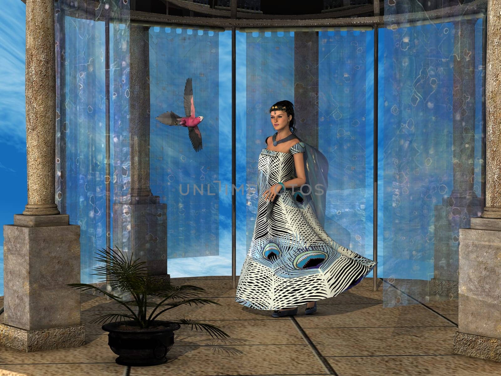 A Roman lady in a peacock dress plays with her parrot in a gazebo.