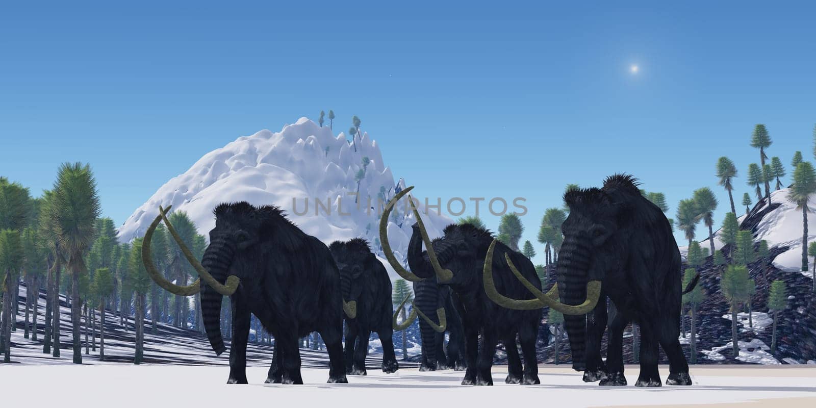 A herd of Woolly Mammoths migrate to a warmer climate with better vegetation to eat.
