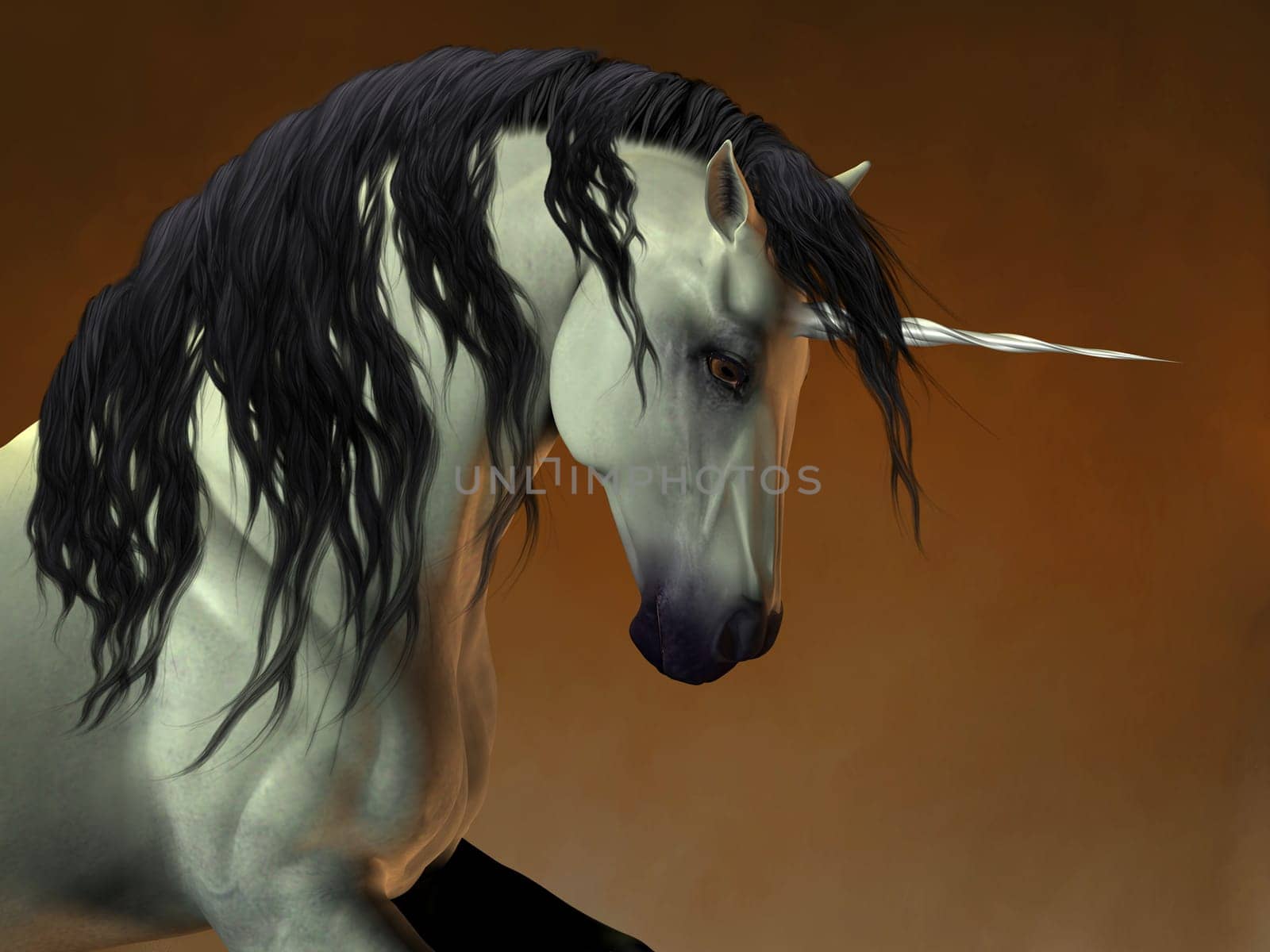 A powerful white unicorn has a black mane and tail.