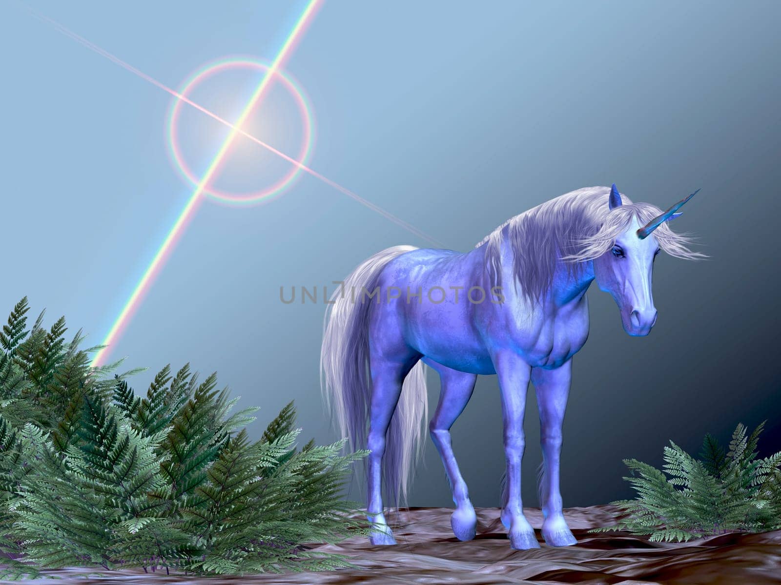 A magical unicorn rests under a star in among some fern plants.
