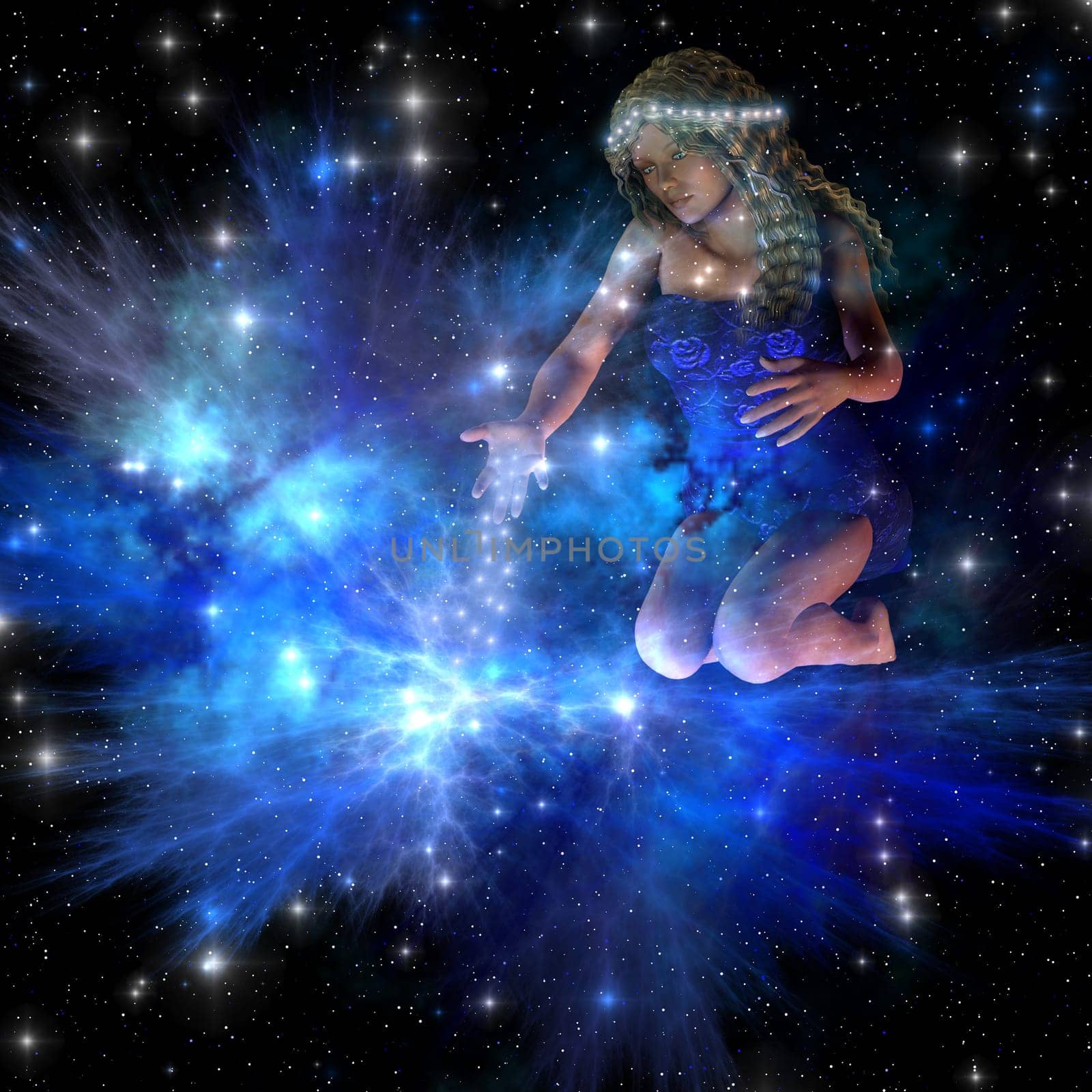 The god Vesta spreads stars throughout the cosmos creating galaxies and star systems.