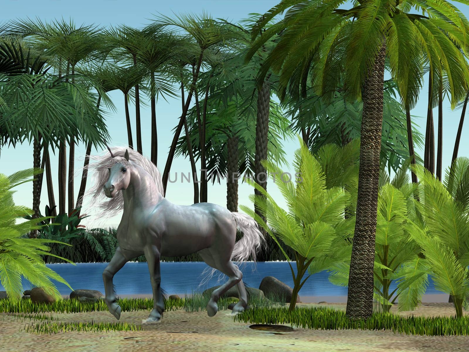 A white unicorn prances at a desert oasis after having a drink of water.
