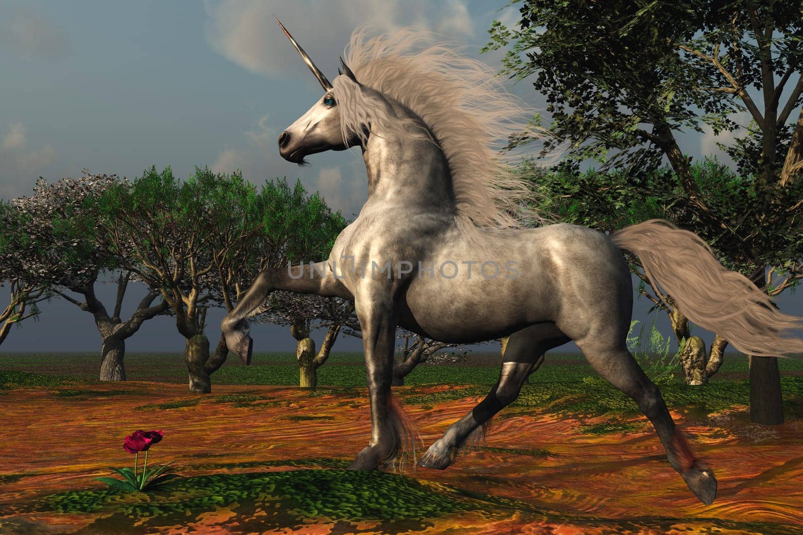 A Unicorn buck with strength and stamina trots through a magical forest.