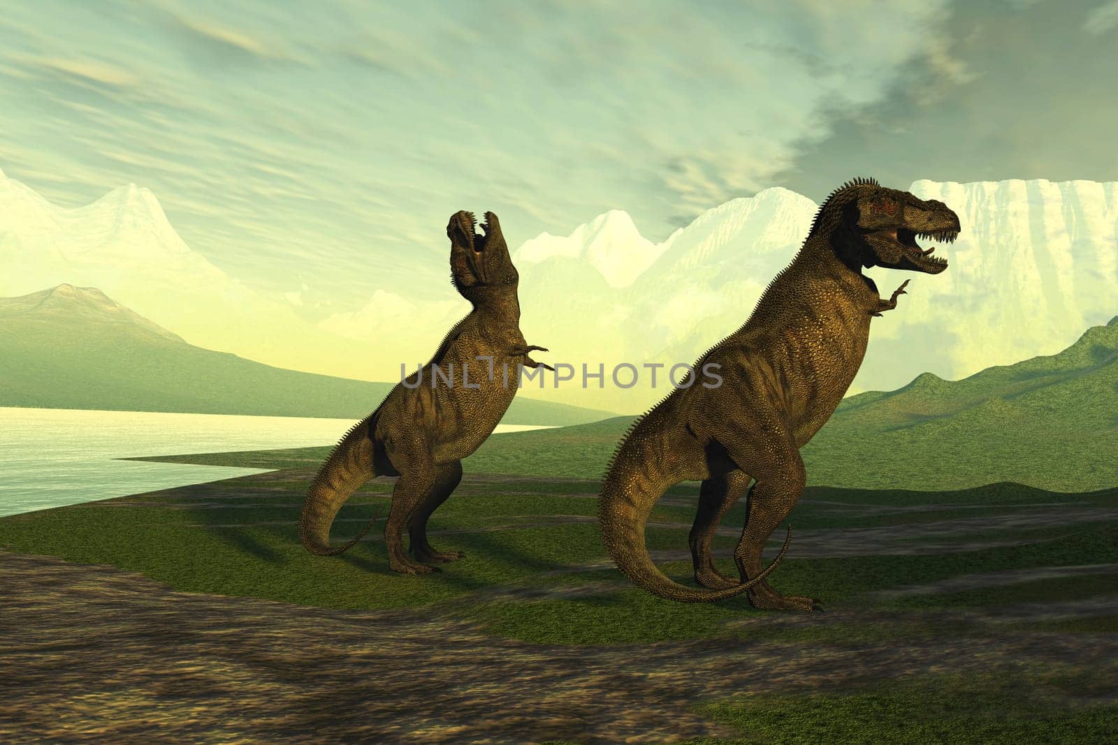 A female Tyrannosaurus Rex dinosaur with her mate roars in the early dawn.