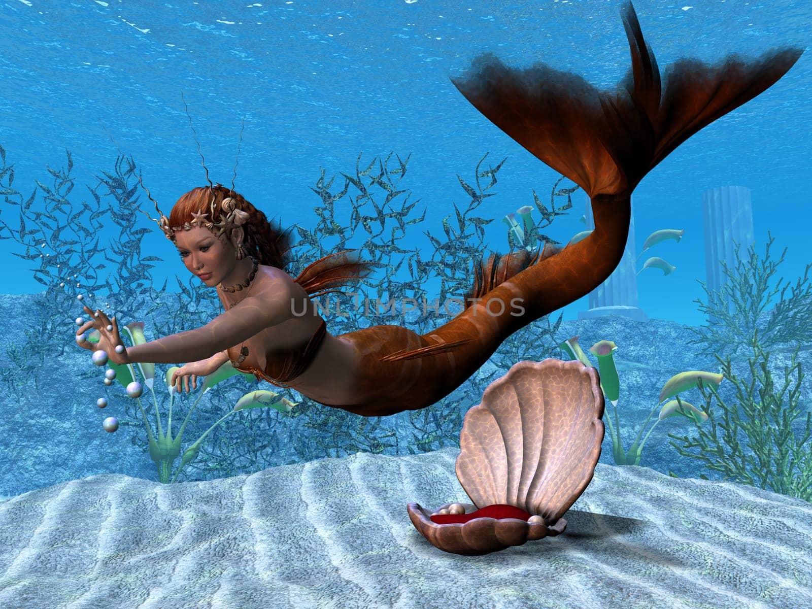 A beautiful mermaid wakes up from her shell bed and plays with some bubbles.