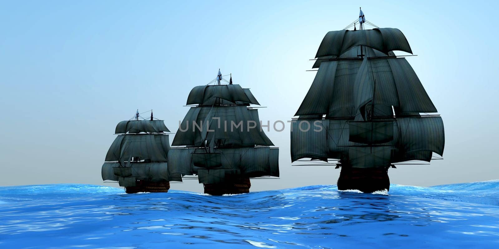 Three tall ships sail to distant port on the high seas.