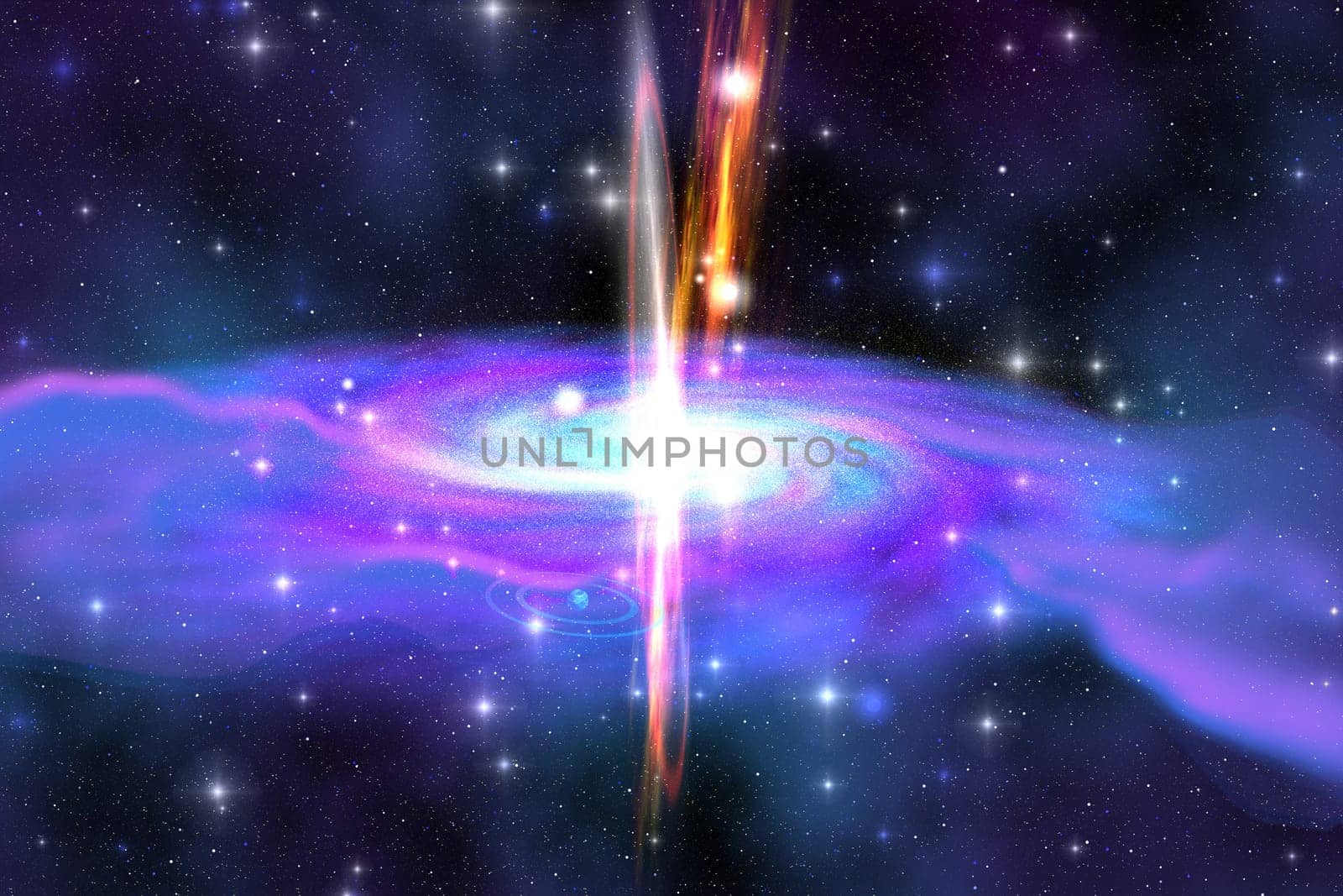 A Black Hole in space shoots our rays of gasses as it engulfs surrounding material.