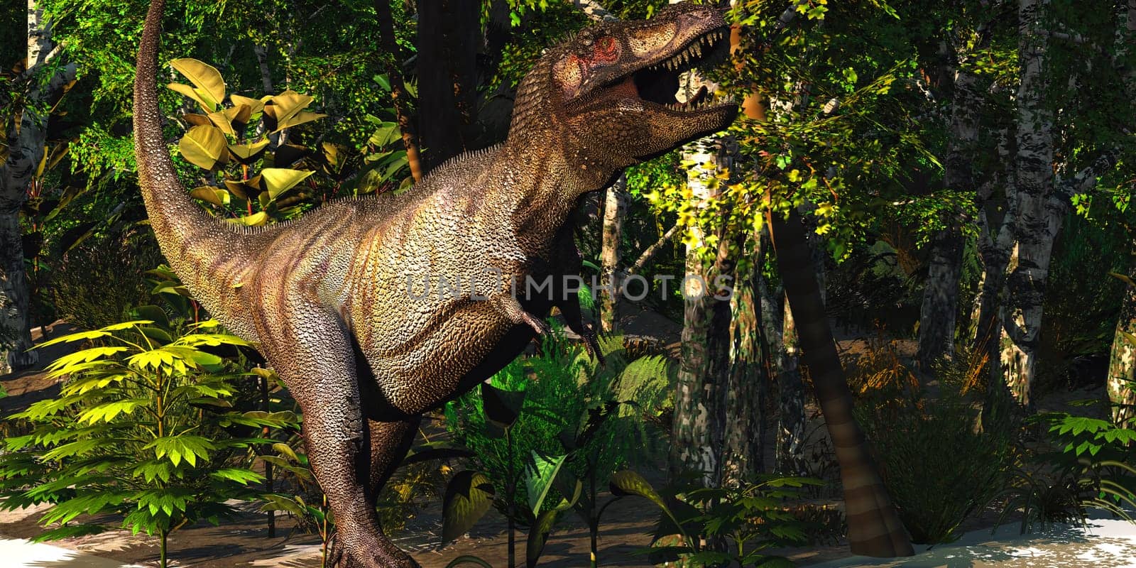 Tyrannosaurus Rex dinosaur hunts for his next meal in the jungle.