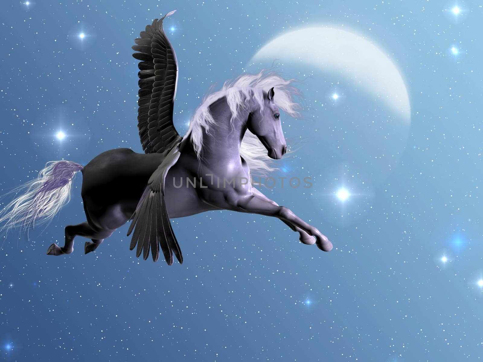 A silver white Pegasus flies in a starry night sky with a huge moon.