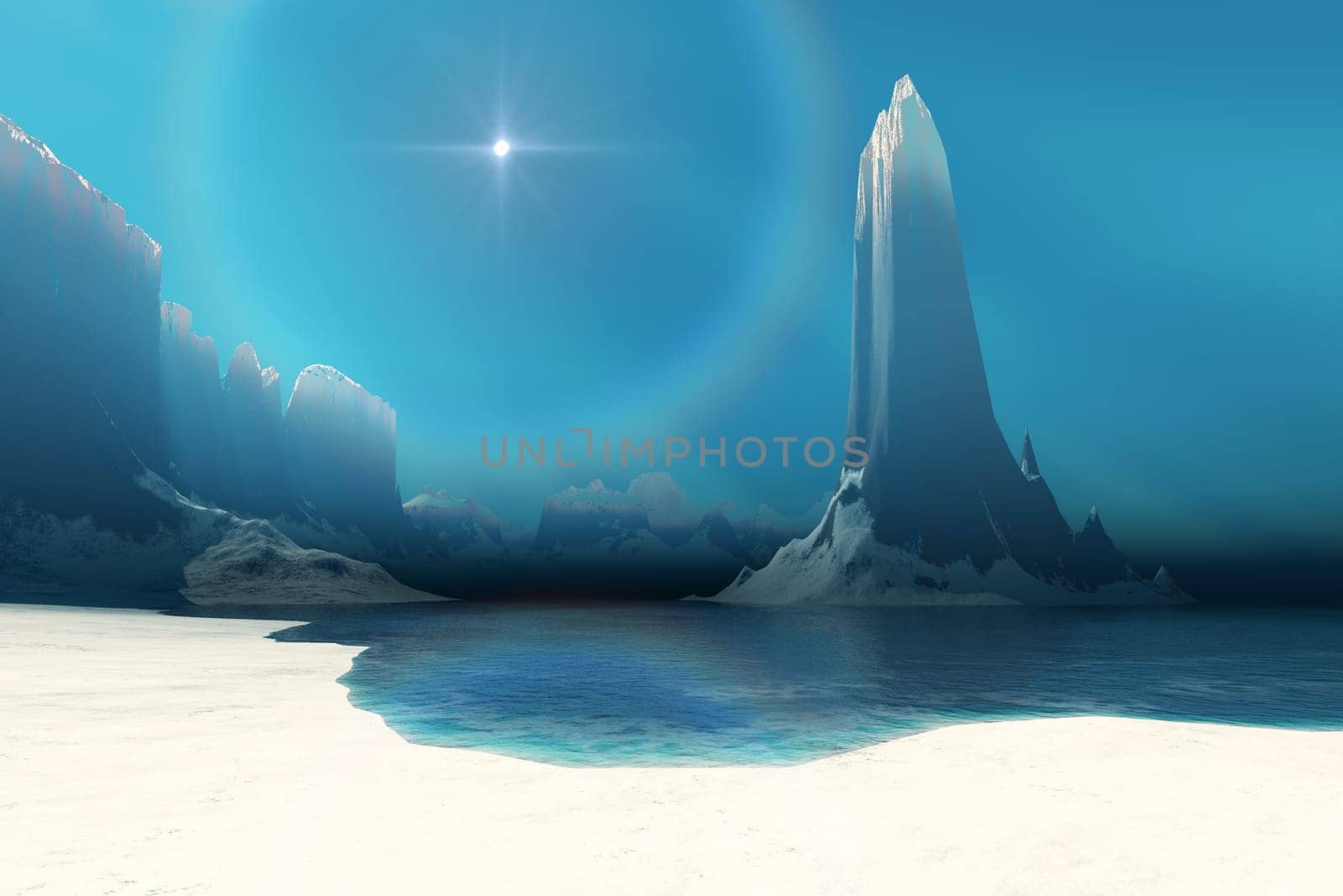 Winter finds a shoreline and mountains covered by ice and snow.